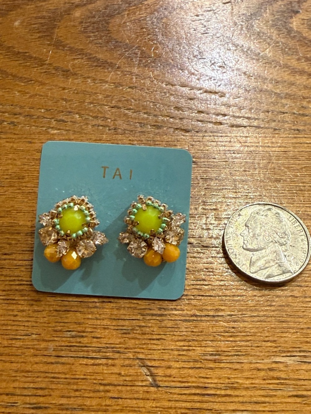 Gold-Tone Green and Orange Crystal Cluster Stud Earrings - Picture 2 of 4